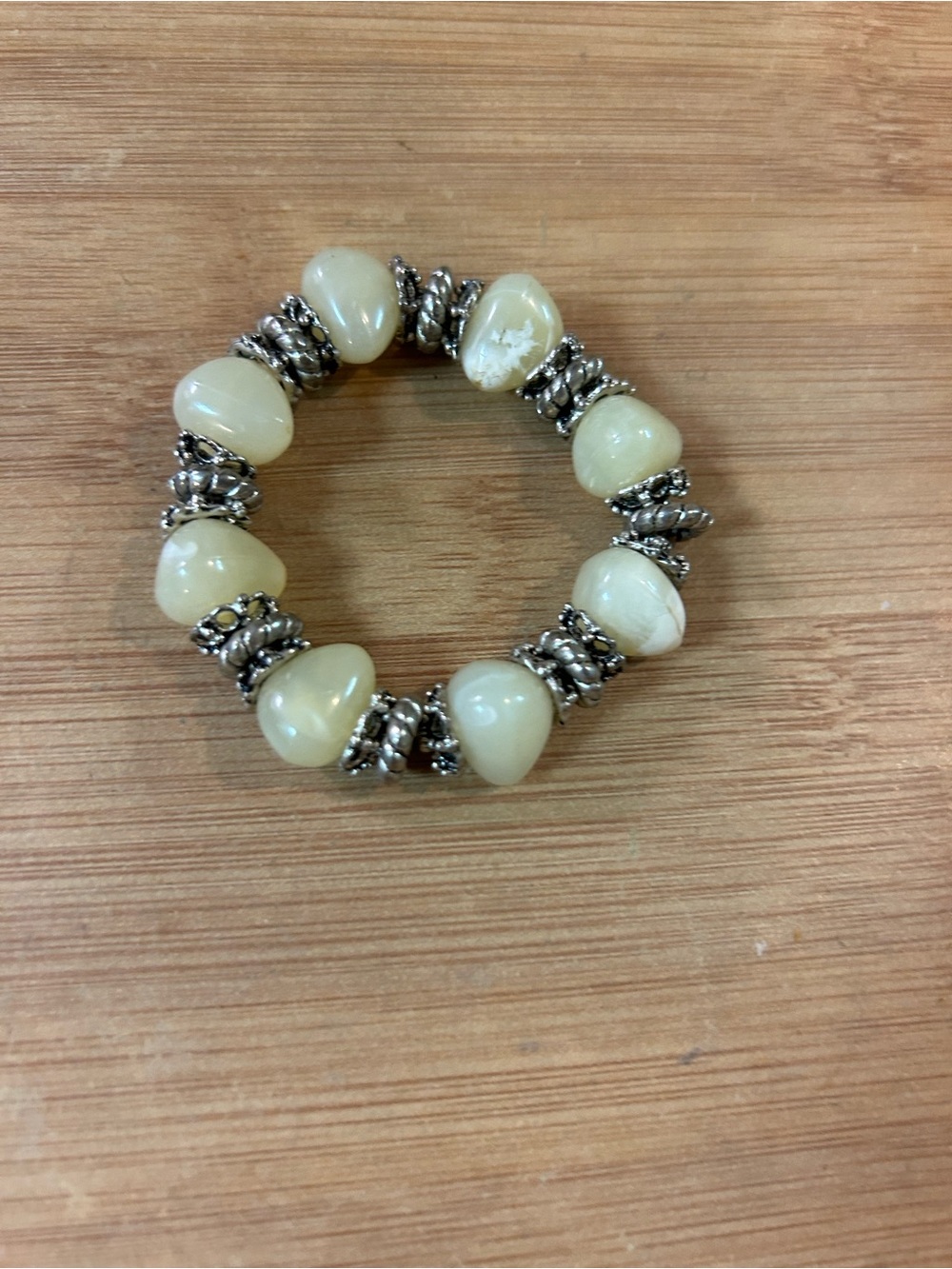 Cream Stone Look Beaded Stretch Bracelet Silver Tone Boho